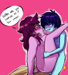  after_kiss ambiguous_penetration anthro anthro_penetrated blue_body blue_hair blue_skin blush bodily_fluids breasts cakenameless deltarune dialogue duo english_text eye_contact female female_on_human female_penetrated furniture hair hands_on_thighs human human_on_anthro human_penetrating human_penetrating_anthro interspecies leg_grab looking_at_another male male/female male_on_anthro male_penetrating male_penetrating_female mammal motion_lines nipples nude open_mouth penetration pink_body pink_skin purple_hair red_eyes saliva saliva_on_tongue saliva_string scalie sex side_boob speech_bubble sweat table text thigh_grab tongue tongue_out video_games 