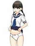  1girl bangs black_eyes black_hair blouse blue_neckwear blue_sailor_collar blue_skirt blush bow bow_panties commentary_request cowboy_shot crotch_seam eyebrows_visible_through_hair hair_tie lifted_by_self maburu_(lojyq1eur3e8bit) medium_hair miniskirt navel neckerchief open_mouth original panties pleated_skirt sailor_collar short_sleeves simple_background skirt skirt_lift solo standing underwear white_background white_blouse white_panties 