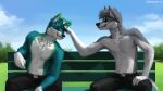  16:9 anthro black_nose blue_body blue_fur brown_body brown_fur canid canine canis domestic_dog duo ears_up eyes_closed friends fur geewolf green_body green_fur hair happy male male/male mammal sitting smile widescreen wolf yellow_eyes 