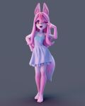  2021 3d_(artwork) 4:5 5_toes anthro blender_(software) brand_new_animal canid canine clothing digital_media_(artwork) dress feet female fox fur genitals hair hi_res kannonx long_hair mammal nazuna_hiwatashi pink_body pink_fur pink_hair pussy solo studio_trigger toes white_body white_fur 