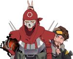  2boys apex_legends black_nails brown_hair bunny_ears_prank energy eyebrow_cut facial_hair finger_to_mouth fingerless_gloves gloves goatee goggles goggles_on_head humanoid_robot male_focus mirage_(apex_legends) mizu_cx multiple_boys one_eye_closed open_hand red_bandana revenant_(apex_legends) robot scar scar_on_cheek scar_on_face science_fiction upper_body v white_background yellow_eyes 