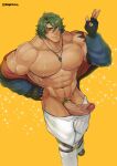  1boy abs alternate_pectoral_size bara dark_skin dark_skinned_male erection foot_out_of_frame green_hair highres jacket jewelry joe_(sk8) large_pectorals large_penis looking_at_viewer male_focus male_pubic_hair medium_hair muscular muscular_male navel navel_hair necklace nipples open_clothes open_jacket pants penis pubic_hair red_male_underwear robokeh sk8_the_infinity solo stomach uncensored v white_pants 