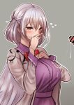  1boy 1girl after_fellatio akehi_yuki bangs bar_censor bow bowtie braid breasts brown_jacket censored covering_mouth cum cum_in_mouth cum_on_clothes dress eyebrows_visible_through_hair french_braid grey_background grey_wings hair_between_eyes hand_on_own_chest jacket kishin_sagume large_breasts long_sleeves penis purple_dress red_bow red_eyes red_neckwear silver_hair simple_background single_wing touhou upper_body wings 