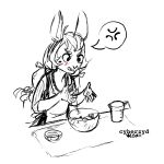  1:1 absurd_res angry anthro baking blush claire_(nikoyishi) clothed clothing cyberzyd digital_media_(artwork) female fur hair hi_res lagomorph leporid mammal monochrome pigtails rabbit simple_background sketch solo text twintails_(hairstyle) white_background 