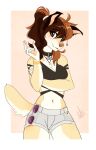  2021 anthro breasts brown_hair canid canine canis collar digital_media_(artwork) domestic_dog eyebrows eyelashes female hair mammal midriff navel smile solo wolflady 