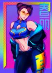 1girl bare_shoulders black_pants blue_sports_bra breasts brown_eyes brown_hair chun-li cleavage cleavage_cutout clothing_cutout contrapposto double_bun earrings hands_in_pockets highleg highleg_panties iahfy jacket jewelry medium_breasts multicolored multicolored_clothes multicolored_jacket navel off_shoulder panties pants rimless_eyewear solo sports_bra standing stomach street_fighter street_fighter:_duel sunglasses tassel tassel_earrings taut_clothes thick_thighs thighs tight tight_pants toned underwear vaporwave yellow-tinted_eyewear yoga_pants 