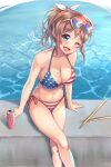  1girl american_flag_bikini aranami_shibuki bang_dream! bikini blue_eyes breasts brown_hair can cleavage cowboy_shot drumsticks eyewear_on_head flag_print hair_ribbon heart heart-shaped_eyewear highres large_breasts looking_at_viewer monster_energy ponytail ribbon side-tie_bikini smile solo sunglasses swimsuit yamabuki_saaya 