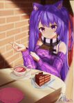  1girl alternate_costume animal_ears artist_name bare_shoulders blush brick_wall cake casual cat_ears chair chocolate_cake cup drink food genshin_impact heart highres keqing_(genshin_impact) kilua_715 long_sleeves looking_at_viewer plate purple_eyes purple_hair purple_sweater scarf sitting smile solo sweater table tea teacup twintails 