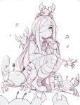  1girl blush boots character_request check_character commentary crab crab_on_shoulder eyelashes hair_over_one_eye happy long_hair monochrome original parororo simple_background sitting sketch smile solo white_background 
