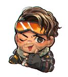  1boy apex_legends black_eyes black_gloves brown_hair checkered checkered_scarf chibi facial_hair finger_gun fingerless_gloves gloves goggles goggles_on_head hair_behind_ear husagin mirage_(apex_legends) one_eye_closed open_mouth scarf solo stubble upper_body white_background 