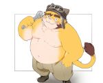  2021 anthro belly blush bottomwear clothing felid feline hat headgear headwear humanoid_hands inunoshippo kemono male mammal moobs nipples overweight overweight_anthro overweight_male pants solo 