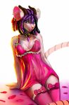  2021 anthro breasts clothed clothing ear_piercing ear_ring female hi_res horn industrial_piercing mammal murid murine nipple_barbell nipple_piercing nipples piercing pink_clothing pink_topwear purple_eyes rat rodent simple_background sitting sleepyhelen solo topwear white_background 