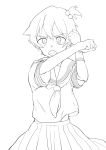  bangs blue_sailor_collar cosplay crossdressing greyscale hibiki_yuuta male_focus monochrome nagano_rira neckerchief pleated_skirt sailor_collar school_uniform serafuku short_hair side_ponytail skirt solo ssss.gridman 