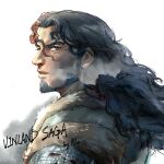  1boy absurdres asakawamatsuki beard black_hair brown_eyes facial_hair fur highres long_hair looking_at_viewer male_focus portrait solo_focus thors viking vinland_saga wavy_hair white_background 