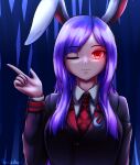  1girl :3 absurdres alternate_costume alternate_hairstyle animal_ears bangs blazer blouse breasts bunny_ears buttons collared_blouse crescent crescent_pin english_commentary eyebrows_visible_through_hair finger_gun glowing glowing_eye highres jacket large_breasts long_sleeves looking_at_viewer necktie one_eye_closed purple_hair red_eyes red_neckwear reisen_udongein_inaba renzibun solo swept_bangs touhou upper_body white_blouse 