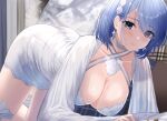  azur_lane blue_eyes blue_hair breasts chapayev_(azur_lane) chapayev_(white_cavalier&#039;s_respite)_(azur_lane) cleavage dress earrings hairband highres jewelry kuwahara_taiki lace-trimmed_dress lace_trim large_breasts mole mole_on_breast official_alternate_costume on_bed see-through_dress star_(symbol) star_earrings thigh_strap white_hairband white_neckwear 