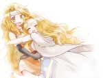  2girls blonde_hair blush brigid_(fire_emblem) circlet dress edain_(fire_emblem) fingerless_gloves fire_emblem fire_emblem:_genealogy_of_the_holy_war gloves headband hug long_hair multiple_girls open_mouth siblings simple_background sisters smile sui_(aruko91) twins yellow_eyes 