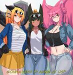  3girls absurdres animal_ears anubis_(monster_girl_encyclopedia) blonde_hair breasts chromatic_aberration cleavage closed_mouth commission crop_top dark_green_hair dark_skin dark_skinned_female doodle dot_mouth dragon_girl dragon_tail dragon_wings elysia_watanabe english_text eyewear_on_head facial_mark glasses green_eyes hair_bun hair_ornament hairclip hand_on_hip head_fins highres jackal_ears kanta_(kanta_077) light_blush light_smile long_hair midriff monster_girl monster_girl_encyclopedia multiple_girls multiple_tails navel original pants pink_hair red_eyes second-party_source shirt sidelocks skirt snake_hair_ornament sunglasses tail take_your_pick waffle_(cheapblast) white_shirt wings yellow_eyes yellow_skirt 