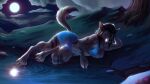  16:9 2021 4_toes 5_fingers absurd_res anthro arm_support bikini black_hair blizzard_entertainment breasts canid claws cleavage clothed clothing digital_media_(artwork) digitigrade fangs feet female finger_claws fingers full_moon fur grey_body grey_fur hair hi_res hindpaw humanoid_hands lake looking_at_viewer lying mammal moon nature navel night np4tch on_side outside paws plant raised_tail sarong signature solo swimwear toes tree video_games warcraft water were werecanid widescreen worgen 