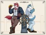  anthro argo_(knights_college) blue_body blue_fur body_hair canid canine chest_hair diederich_olsen_(knights_college) duo fur hazama_jin hi_res knights_college male male/male mammal melee_weapon student sword teacher teacher_and_student video_games visual_novel weapon 