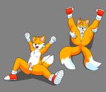  2_tails anthro canid canine clothing excited footwear fox fur genitals gloves handwear hi_res male mammal miles_prower multi_tail orange_body orange_fur penis shoes slightly_chubby small_penis socks solo sonic_the_hedgehog_(series) spread_legs spreading watersucc white_body white_fur young 