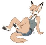  2021 anthro black_pawpads blue_eyes bottomwear breasts brown_nose canid canine clothed clothing female fox fully_clothed kaitycuddle mammal pawpads shirt shorts simple_background smile solo topwear white_background 
