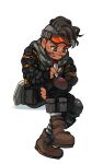  1boy apex_legends black_eyes black_hair boots brown_footwear drawing facial_hair goggles goggles_on_head grey_scarf highres holding holding_leg holding_marker husagin knee_pads looking_down male_focus marker mirage_(apex_legends) scarf sitting solo stubble tongue tongue_out white_background 