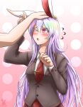  1girl absurdres animal_ears bangs blazer blouse blush breasts bunny_ears buttons carrot collared_blouse english_commentary eyebrows_visible_through_hair hand_on_another&#039;s_head highres jacket large_breasts light_purple_hair long_hair long_sleeves necktie one_eye_closed open_mouth out_of_frame petting purple_hair red_eyes red_neckwear red_skirt reisen_udongein_inaba renzibun simple_background skirt solo solo_focus touhou very_long_hair white_blouse 