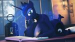  16:9 3d_(artwork) 4k absurd_res anthro bed bonkieblues casual_nudity digital_media_(artwork) equid equine female friendship_is_magic furniture hasbro hi_res horn horse lying mammal my_little_pony on_front pony princess_luna_(mlp) reading solo source_filmmaker widescreen winged_unicorn wings 