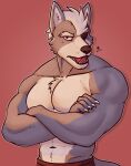  2021 abs anthro biceps bottomwear canid canine canis claws clothed clothing crossed_arms evergreenzen eye_patch eyewear fangs finger_claws fur grey_body grey_fur half-length_portrait looking_at_viewer male mammal muscular muscular_anthro muscular_male nintendo open_mouth pecs portrait red_background red_eyes sharp_teeth simple_background solo star_fox teeth tongue topless triceps video_games wolf wolf_o&#039;donnell 