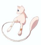  bishamon_(usagi_ba) blue_eyes bright_pupils closed_mouth from_behind full_body highres looking_back mew no_humans pokemon pokemon_(creature) simple_background smile solo toes white_background white_pupils 