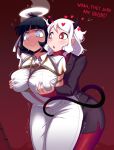  2girls absurdres angel azazel_(helltaker) bagelbomb bdsm black_hair blue_eyes blush bondage bound breast_grab breasts demon_girl demon_horns demon_tail formal full-face_blush grabbing halo heart heart-shaped_pupils helltaker highres horns large_breasts looking_at_another looking_down modeus_(helltaker) multiple_girls pants pantyhose red_eyes red_legwear restrained shibari shibari_over_clothes shirt short_hair skirt_suit smile suit sweat sweating_profusely symbol-shaped_pupils tail tied_up trembling turtleneck wavy_mouth white_hair white_pants white_shirt wing_collar yuri 