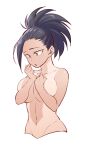  1girl :o black_eyes black_hair blush boku_no_hero_academia breast_press breasts collarbone commentary_request cropped_torso hands_up highres large_breasts looking_down navel nude open_mouth ponytail simple_background solo tan tonomayo upper_body white_background yaoyorozu_momo 