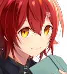  1boy book closed_mouth face hair_between_eyes hair_ornament hanasaki_miyabi holding holding_book holostars looking_at_viewer male_focus nyokkiiiiin red_hair simple_background smile solo symbol_commentary virtual_youtuber white_background yellow_eyes 