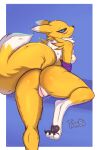  anthro big_butt blush bodily_fluids breasts butt canid canine claws digimon digimon_(species) digital_media_(artwork) feet female fur genital_fluids genitals hi_res leaking leaking_pussy looking_at_viewer looking_back male male/female mammal nipples pawpads pussy pussy_juice renamon simple_background solo toe_curl toes trex_b6 tuft vaginal video_games white_body white_fur yellow_body yellow_fur 