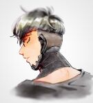  1boy apex_legends black_hair black_shirt crypto_(apex_legends) cyborg eyebrows_visible_through_hair from_behind grey_background highres husagin light_smile looking_down male_focus science_fiction shirt solo undercut upper_body 