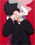  1girl bandaged_hand bandaid baseball_cap black_headwear black_hoodie bruise bruise_on_face cigarette commentary_request cookie_(touhou) covering_mouth earrings hand_over_eye hand_over_own_mouth hat hisui_(cookie) hood hoodie injury jewelry long_hair looking_at_viewer purple_hair red_background red_eyes reisen_udongein_inaba remmuh_(cookie) simple_background smoke smoking solo tdnbk touhou upper_body 