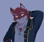  anthro body_hair canid canine chest_hair chest_tuft diederich_olsen_(knights_college) fur knights_college luewibiw male mammal red_body red_fur solo teacher tuft 