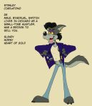  absurd_res anthro blazer bottomwear canid canine canis card casual_clothing charizard clock clothing contraband denim denim_clothing doodledoggy ear_piercing ear_ring english_text half-closed_eyes hi_res jeans male mammal model_sheet narrowed_eyes nintendo pants phone piercing pok&eacute;mon pok&eacute;mon_(species) shirt simple_background solo standing stanley_(doodledoggy) tank_top text toony topwear video_games watch wolf 
