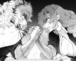  1boy 1girl arm_wrestling braid breasts cape chouonsoku-jiisan cleavage clenched_teeth gradient gradient_background highres kanroji_mitsuri kimetsu_no_yaiba long_hair mole mole_under_eye monochrome partially_unbuttoned rengoku_kyoujurou teeth 