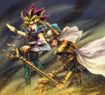  2boys armor belt black_hair blonde_hair brown_eyes cape card chain choker commentary dark_skin dark_skinned_male deadspike_nine duel_disk duel_monster feet_out_of_frame gold_armor holding holding_card holding_staff jacket jacket_on_shoulders long_hair mahado male_focus millennium_puzzle multicolored_hair multiple_belts multiple_boys outstretched_arm palladium_oracle_mahad purple_eyes purple_hair school_uniform shoulder_armor spiked_hair staff vambraces wind yami_yuugi yu-gi-oh! yu-gi-oh!_the_dark_side_of_dimensions 