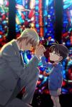  2boys amuro_tooru bangs black-framed_eyewear blazer blonde_hair blue_eyes blue_jacket blue_neckwear blurry bow bowtie brown_hair child closed_mouth collared_shirt commentary_request depth_of_field edogawa_conan formal from_side glasses grey_jacket grey_pants grey_shorts grey_suit hair_between_eyes height_difference jacket k_(gear_labo) long_sleeves looking_at_another looking_down male_focus meitantei_conan multiple_boys necktie one_knee pants parted_lips profile red_bow red_neckwear shirt short_hair shorts stained_glass standing suit white_shirt 