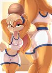  anthro basketball big_ears blue_eyes breasts butt camel_toe cleavage clothed clothing crop_top curvy_figure female hi_res hourglass_figure lagomorph leporid lola_bunny looking_at_viewer looney_tunes mammal navel rabbit rainbowscreen scut_tail shirt side_boob simple_background smile solo solo_focus tank_top thick_thighs topwear warner_brothers 