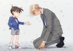  2boys amuro_tooru bangs black-framed_eyewear black_footwear blazer blonde_hair blue_neckwear blurry bow bowtie brown_hair child closed_mouth collared_shirt commentary_request depth_of_field edogawa_conan formal from_side full_body glasses grey_background grey_jacket grey_pants grey_shorts grey_suit hair_between_eyes hand_in_pocket height_difference jacket k_(gear_labo) looking_at_another looking_down male_focus meitantei_conan multiple_boys necktie open_mouth outstretched_arm pants profile puzzle_piece red_bow red_footwear red_neckwear serious shadow shirt shoes short_hair shorts simple_background sneakers socks squatting standing suit white_legwear white_shirt wind 