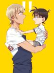  !! 2boys amuro_tooru apron bangs black-framed_eyewear black_apron blonde_hair brown_hair carrying child child_carry commentary_request edogawa_conan eye_contact glasses grey_shorts hair_between_eyes hands_on_another&#039;s_shoulders height_difference k_(gear_labo) looking_at_another male_focus meitantei_conan multiple_boys open_mouth profile red_footwear shirt shoes short_hair short_sleeves shorts simple_background sneakers socks standing striped striped_shirt white_legwear white_shirt yellow_background 