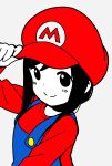  1girl adjusting_clothes adjusting_headwear arm_up bangs blue_overalls blush closed_mouth commentary cosplay disconnected_mouth dot_nose grey_background hat highres hitori_bocchi hitoribocchi_no_marumaru_seikatsu katsuwo_(cr66g) long_hair long_sleeves looking_at_viewer mario mario_(cosplay) mario_(series) overalls partially_colored red_headwear red_shirt shirt simple_background solo upper_body 