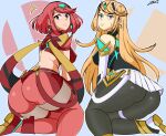  2girls absurdres ass bangs bare_legs bare_shoulders black_gloves blonde_hair breasts chest_jewel dress earrings elbow_gloves fingerless_gloves gem gloves headpiece highres jewelry large_breasts long_hair multiple_girls mythra_(massive_melee)_(xenoblade) mythra_(xenoblade) pyra_(xenoblade) red_hair red_legwear red_shorts short_dress short_hair short_shorts shorts smash_invitation super_smash_bros. swept_bangs thighhighs tiara very_long_hair white_dress white_gloves xenoblade_chronicles_(series) xenoblade_chronicles_2 yellow_eyes zero_momentai 