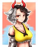  1girl absurdres animal_ears animal_print bangs breasts cleavage cow_ears cow_girl cow_horns cow_print detached_sleeves english_commentary highres horns large_breasts looking_at_viewer mole mole_under_mouth multicolored_hair red_eyes red_horns renzibun smile solo sports_bra tank_top touhou two-tone_hair ushizaki_urumi yellow_tank_top 