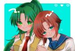  2girls blue_eyes blue_sailor_collar closed_mouth collared_shirt eyebrows_visible_through_hair green_eyes green_hair head_on_another&#039;s_shoulder heart higurashi_no_naku_koro_ni multiple_girls necktie open_clothes open_vest orange_hair ponytail red_neckwear ryuuguu_rena sailor_collar sailor_shirt shirt short_sleeves simple_background smile sonozaki_mion tanakani39 vest white_shirt yellow_neckwear yellow_vest 