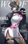  2021 angiewolf anthro canid canine canis clothed clothing collar cover dress english_text female fhyra heterochromia jackal magazine_cover mammal solo standing text 